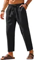 Detailansicht der schwarzen Herren-Leinenhose mit elastischem Kordelzug und geradem Bein - S / Unterteile / Schwarz
