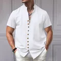 Elegant men's white vintage linen shirt featuring short sleeves, stand collar and buttons - S / Tops / White