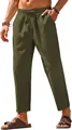 Lightweight olive green linen casual pants for men featuring elastic drawstring waist - Green