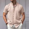 Stylish men's retro linen shirt with stand collar and buttons in light beige color - S / Tops / Pink