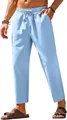Full view detail of men's light blue linen casual pants with elastic drawstring waist - Light Blue