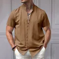 Premium men's vintage brown linen stand collar short sleeve shirt with button detail - Coffee