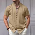 Khaki vintage linen buttoned stand collar short sleeve shirt for men - Khaki