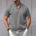 Casual grey men's linen short sleeve shirt featuring retro stand collar and button details - Iron Grey