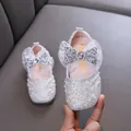 Sparkling white princess shoes for girls featuring pearls and a rhinestone mesh bow detail - 21 / Silver