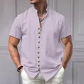 Men's vintage linen short-sleeve shirt with stand collar in lavender color tone - Light Purple