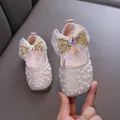Elegant girl's princess flat shoes with pearls and large mesh bow for dance performances. - 21 / Gold