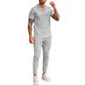 Full view showing textured waffle knit fabric on men's grey polo and pants ensemble - M / Top And Bottom / Gray