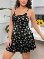 Plus size black camisole dress with dainty white daisy floral print for summer wear - Black with Daisy Print