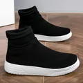 Black breathable fly-knit high-top sneakers with thick white soles - 35 / Black and White