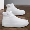 Comfortable lightweight white high-top breathable flyknit sneakers for casual daily wear - 35 / White