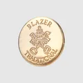 Premium gold metal blazer button featuring traditional heraldic crest and text engraving - 15.0mm (24L) / Light gold