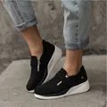 Stylish black women's wedge sneakers with rhinestone details and velcro strap closure - 35 / Black