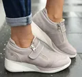 Stylish grey wedge sneakers for women with rhinestone detailing and velcro strap - 35 / Gray