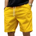 Bright yellow men's casual corduroy shorts with adjustable white drawstring for summer - S / Bottoms / Yellow