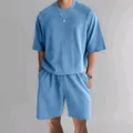 Men's light blue two-piece loungewear set featuring round neck t-shirt and matching shorts - S / Top And Bottom / Light Blue