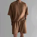Detailed view of men's casual brown t-shirt and shorts set in a comfortable relaxed fit - S / Top And Bottom / Khaki