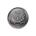 Antique silver metal suit button featuring an embossed royal crest and scroll design - 15.0mm / Silver