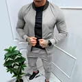 Men's grey sports casual tracksuit set with zip-up jacket and joggers for fitness - S / Top And Bottom / Light Gray