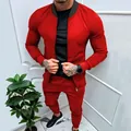 Premium men's red slim fit zip-up tracksuit for gym athletic and outdoor casual wear - S / Top And Bottom / Red