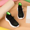 Ademende fly-knit hoge sneakers in zwart en limoengroen met extra dikke witte zolen - 35 / Zwart Groen