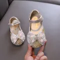 Glittery champagne gold girls princess shoes with large lace bow and floral rhinestones - 21 / Gold