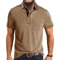 Close-up of a men's khaki short-sleeved Polo shirt with a chest pocket and shirt collar. - Khaki