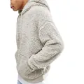 Λεπτομέρεια πλευρικής όψης ανδρικού oversized φούτερ με κουκούλα από γούνα sherpa - S / Tops / Γκρι