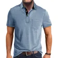 Close-up of blue heathered polo shirt with chest pocket and contrast inner collar - Light Blue