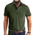 Close-up of men's dark olive green polo shirt featuring a chest pocket and lapel collar - Army Green
