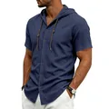 Dettaglio di camicia in lino blu navy traspirante con cappuccio, coulisse e bottoni - Taglia S / Top / Blu Notte