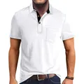 Front view of men's white polo shirt with pocket and contrast collar lining - S / Tops / White