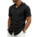 Dettaglio della camicia da uomo nera a maniche corte in lino con cappuccio - Taglia S / Top / Nero