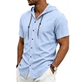 Dettaglio camicia da uomo a maniche corte in lino celeste con cappuccio e lacci - Taglia S / Top / Azzurro