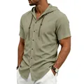 Dettaglio di una camicia con cappuccio a maniche corte in lino verde salvia da uomo casual. - Taglia S / Top / Verde militare