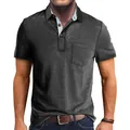 Frontal detail of charcoal grey men's polo shirt with contrast collar and chest pocket - S / Tops / Dark Gray