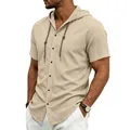 Camicia estiva da uomo con cappuccio in lino con maniche corte e bottoni, beige. - Taglia S / Top / Kaki