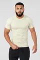 Detailed front view of men's muscle fit compression T-shirt in cream for gym training. - M / Tops / Off White