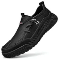 Comfortable men's casual black leather loafers with handmade stitching and thick soles. - 38 / Black