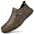 Handmade stitched men's casual brown leather shoe featuring a slip-on style and thick sole - 38 / Khaki