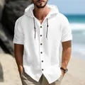 Camisa informal de lino blanca con capucha y manga corta para hombre en la playa - Blanco