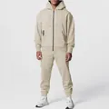 Herren minimalistischer khakifarbener Fleece-Trainingsanzug mit Kapuzenjacke und Jogginghose - Aprikose
