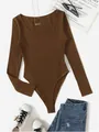 Stylish women's brown long-sleeved ribbed bodysuit featuring a classic round neck design - S / Dresses / Coffee