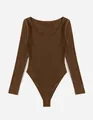 Brown long-sleeve ribbed bodysuit with a flattering scoop neckline detail. - S / Tops / Coffee
