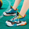 Breathable mesh kids basketball shoes in vibrant blue and orange colorway with sport motifs - 30 / Lake Blue & Orange