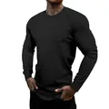 Detailweergave van casual effen zwart heren t-shirt met lange mouwen en ronde hals - Zwart