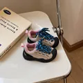 Close-up of khaki baby walking shoes with blue patterned laces on a white table - Size 23 (Insole 14.5cm, Foot Length 13.5-14cm) / Blue & Pink