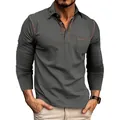 Detail view of men's dark grey long sleeve polo shirt with chest pocket and lapel - Dark Gray