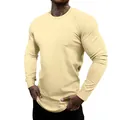 Detail van een lichtgeel heren t-shirt met lange mouwen en een ronde hals - Abrikoos