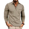 Detailed view of men's khaki long-sleeved polo shirt featuring contrast stitching and pocket - Khaki